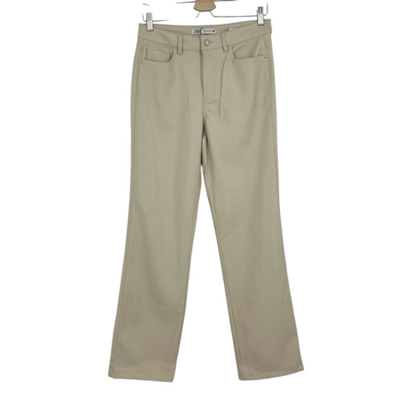 Zara Womans Faux Vegan Leather Pants Cream Sz 6 Straight High Rise Minimalist - Picture 1 of 12